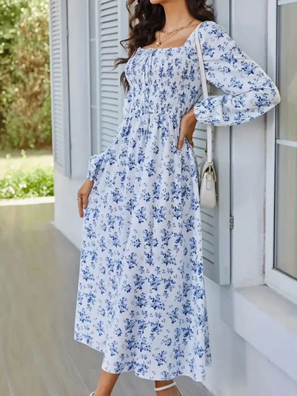 Slit Smocked Floral Square Neck Balloon Sleeve Midi Dress, image 8