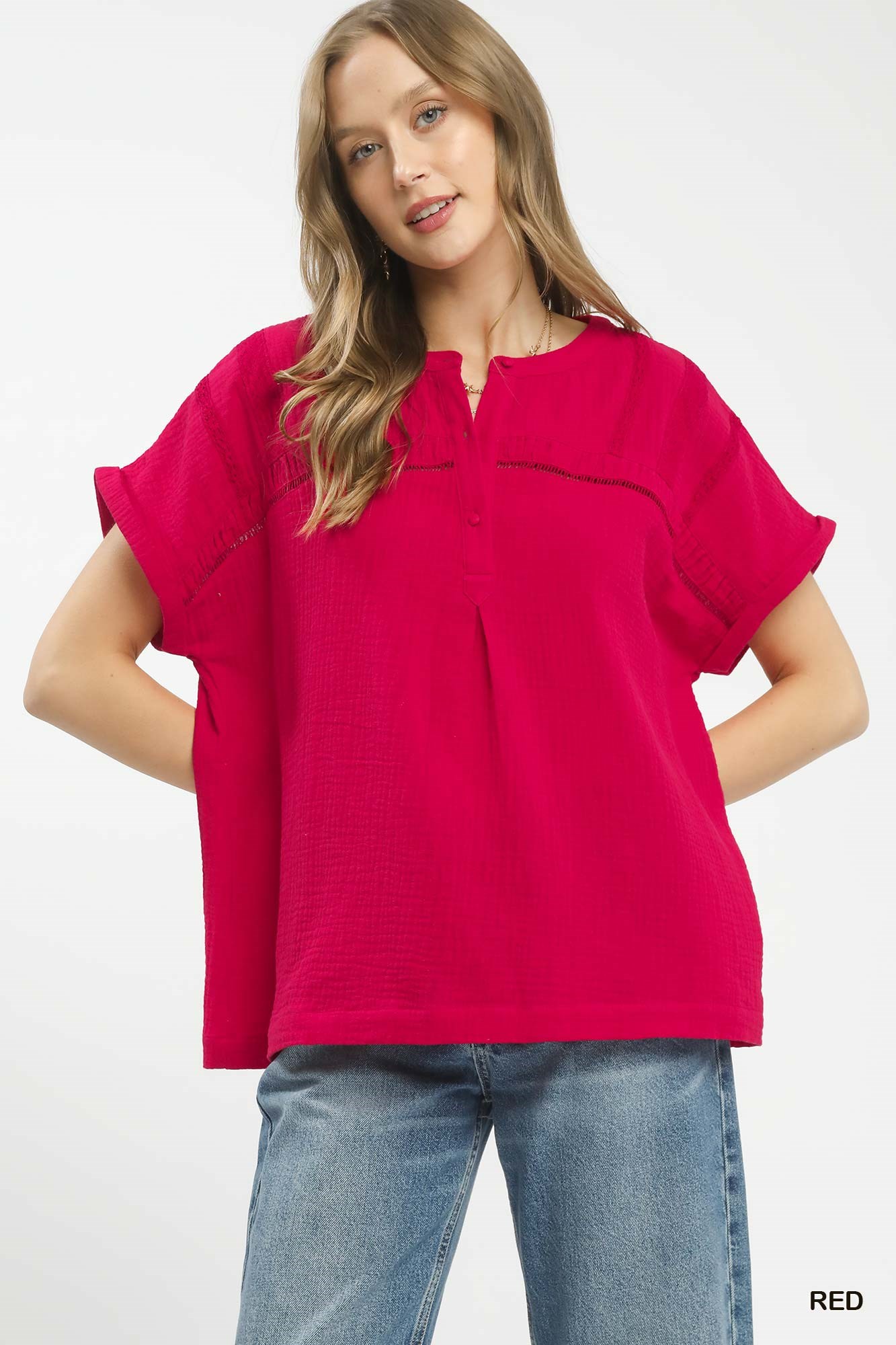 Textured Gauze Split-Neck Boho Blouse