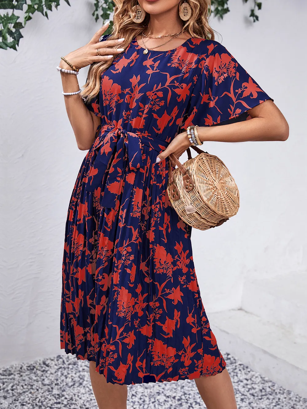 Printed Round Neck Short Sleeve Dress, image 7
