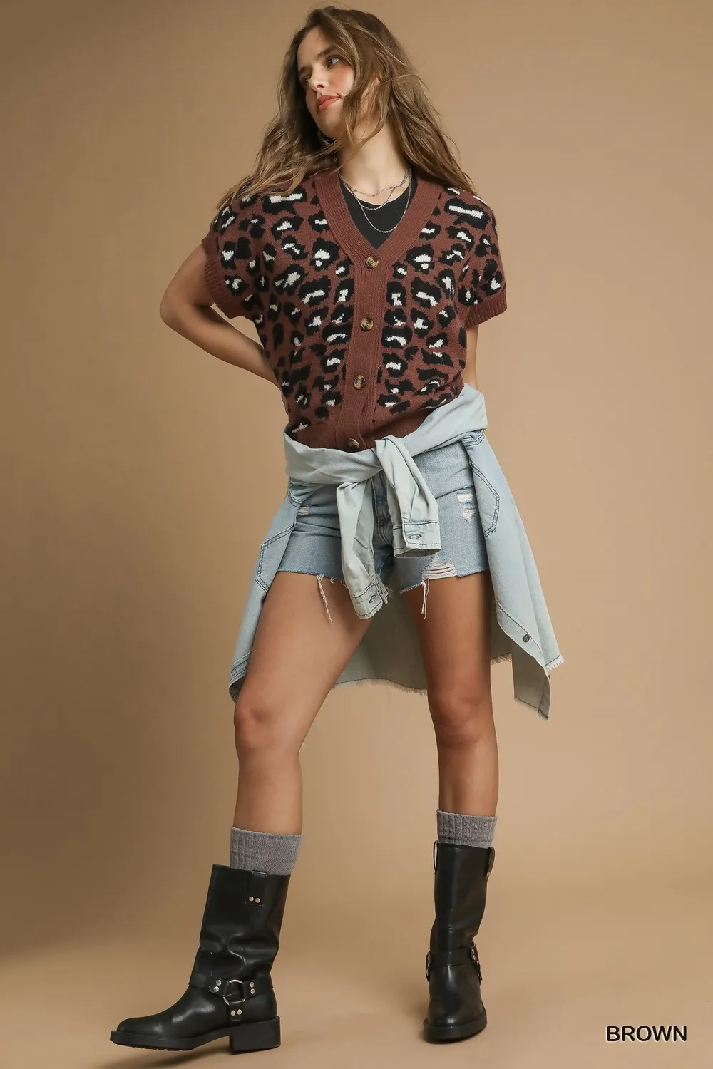 Leopard Button Down Short Sleeve Cardigan, image 2