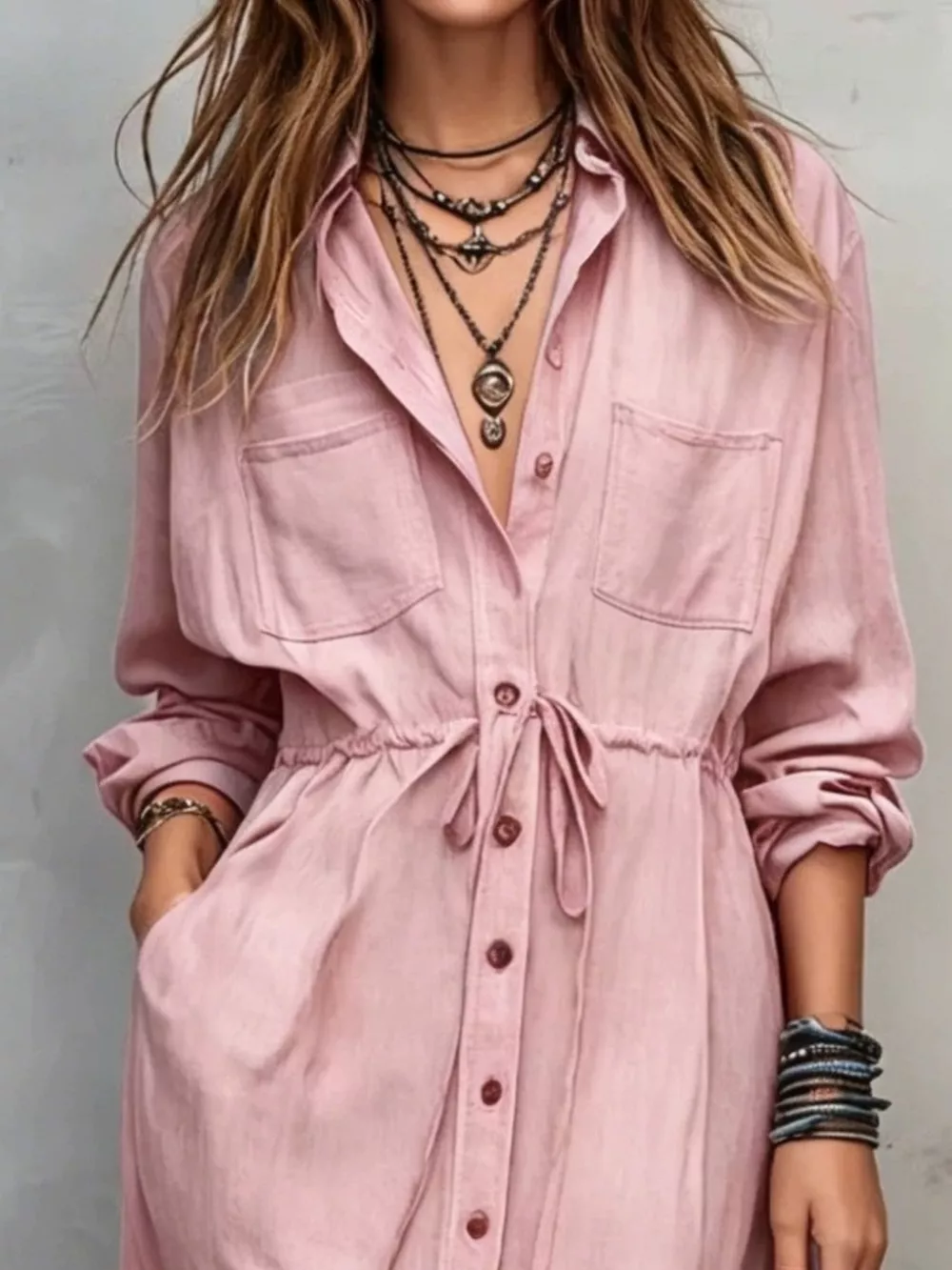 Full Size Button Front Long Sleeve Shirt Dress Plus Size, image 15