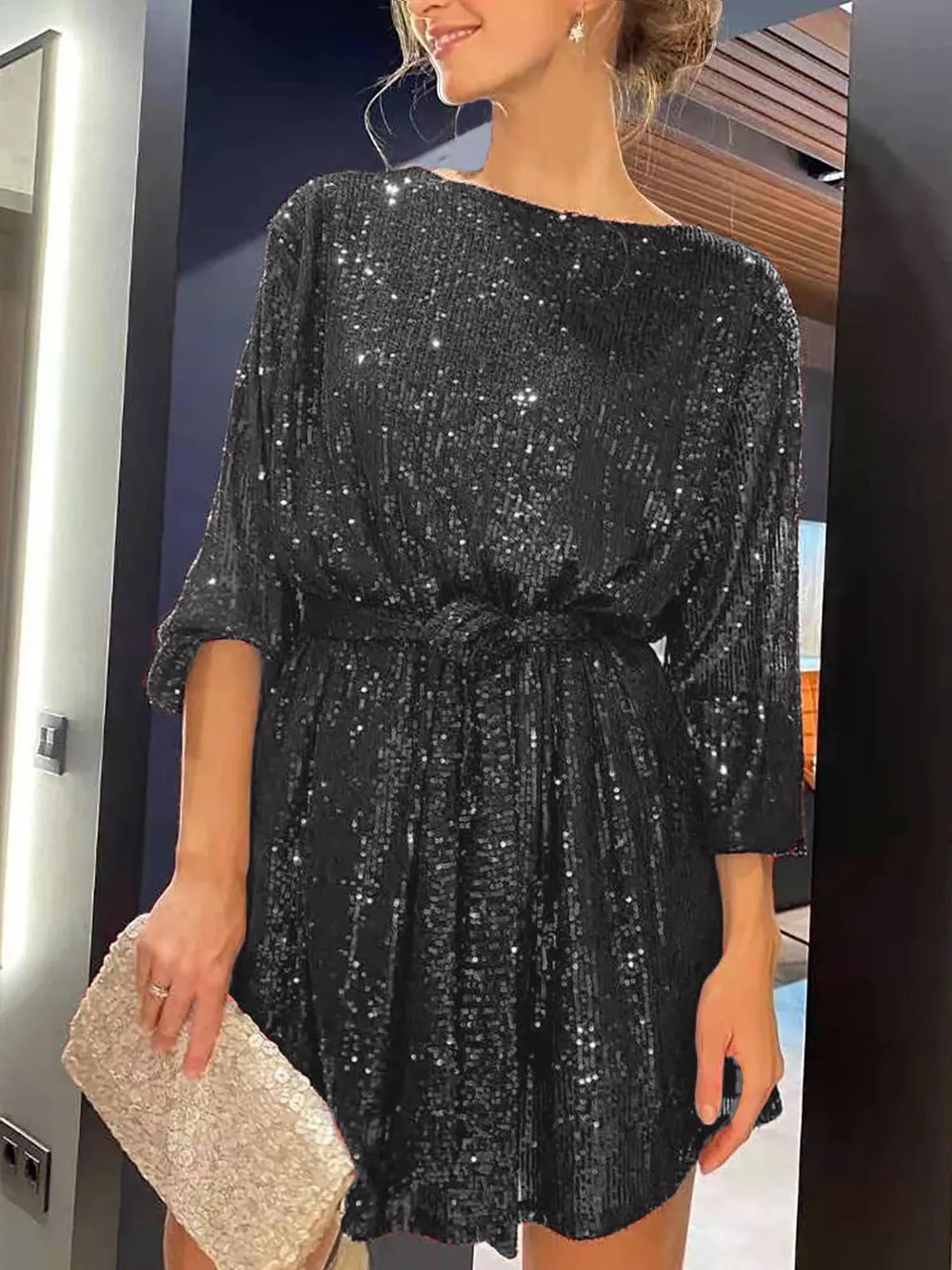 Sequin Tie Waist Long Sleeve Mini Dress, image 10