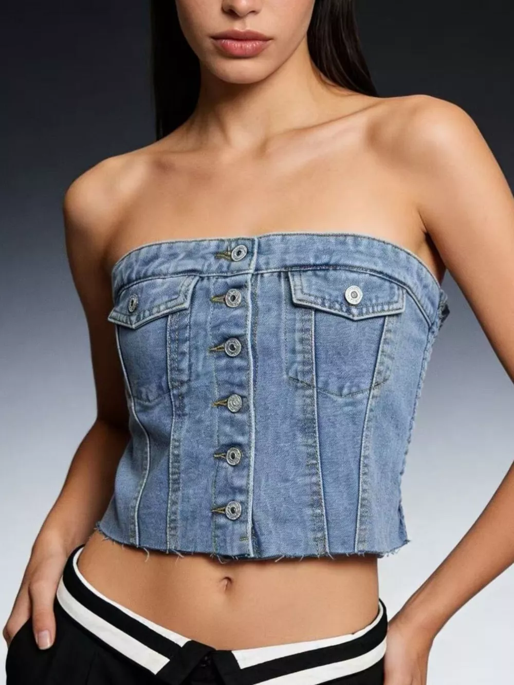 Button-Front Strapless Denim Top