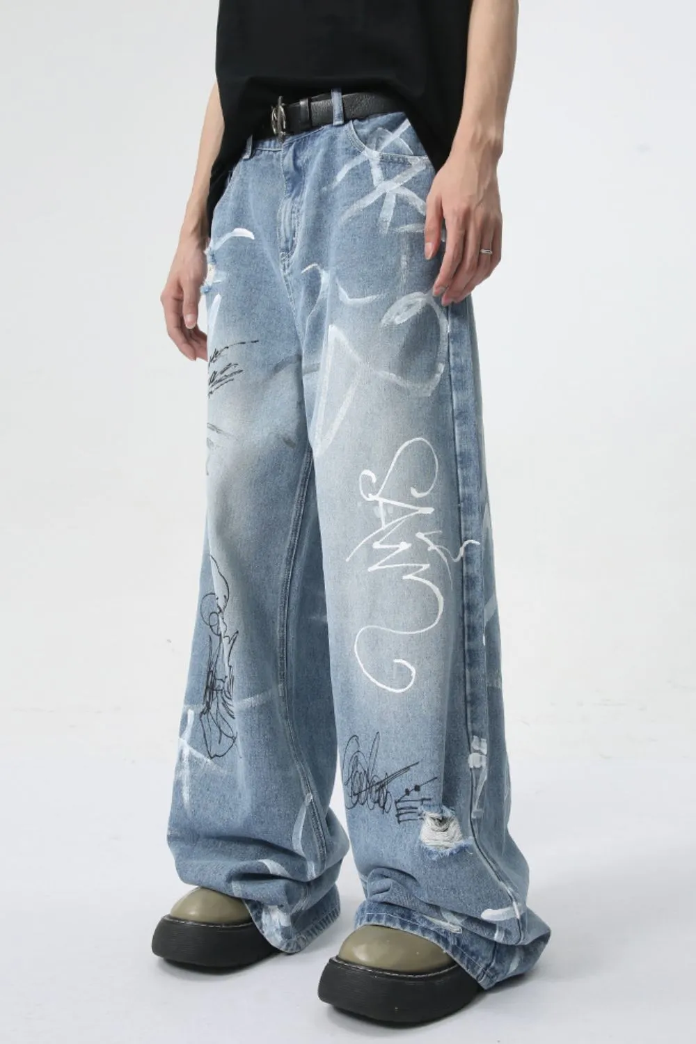 Mid Rise Graffiti Print Distressed Wide Leg Jeans, image 4