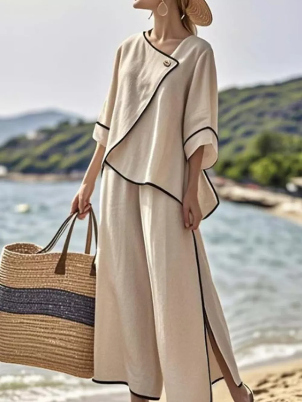Full Size Contrast Trim Top and Wide Leg Pants Set Plus Size, image 3