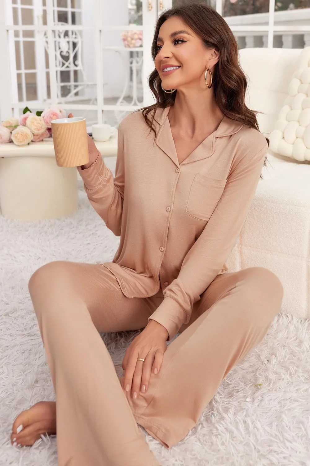 Button Up Long Sleeve Top and Pants Lounge Set, image 9