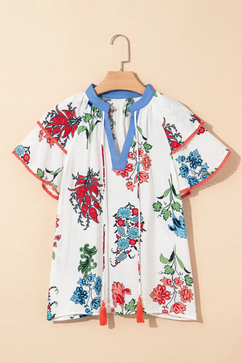 Floral Print Contrast Tassel Tie Short Sleeve Blouse, image 6