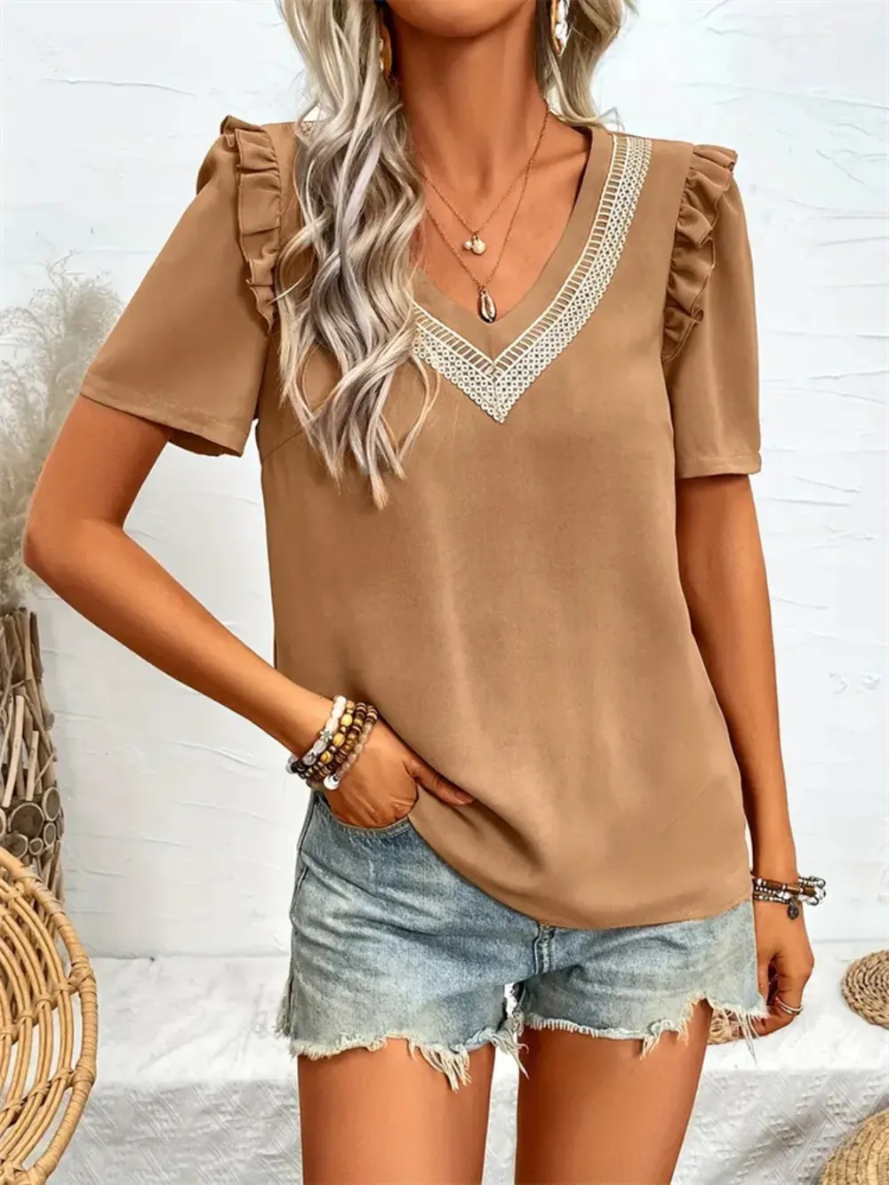 Ruffled V-Neck Short Sleeve Blouse, image 4