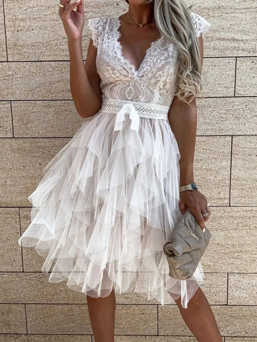 Lace V-Neck Ruffle Dress, image 8
