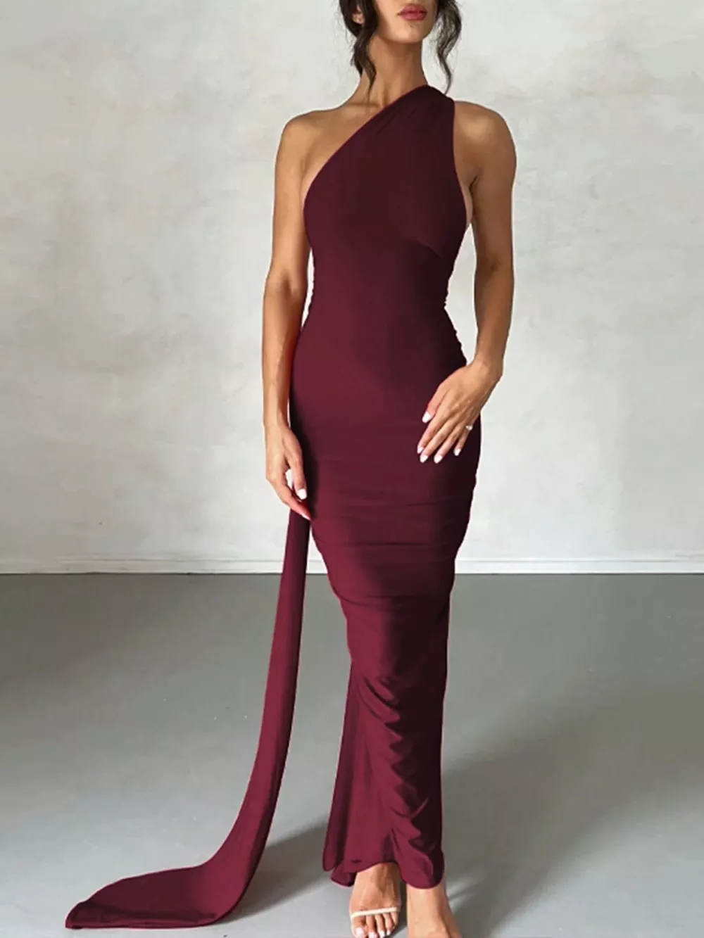 Backless One-Shoulder Ruched Bodycon Maxi Dress, image 29