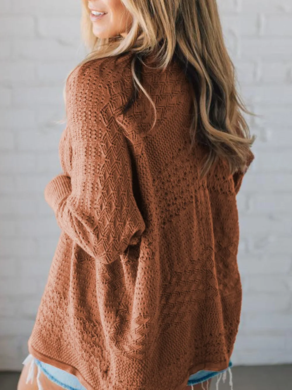 Open Front Knitted Cardigan with Eyelet Details, image 6