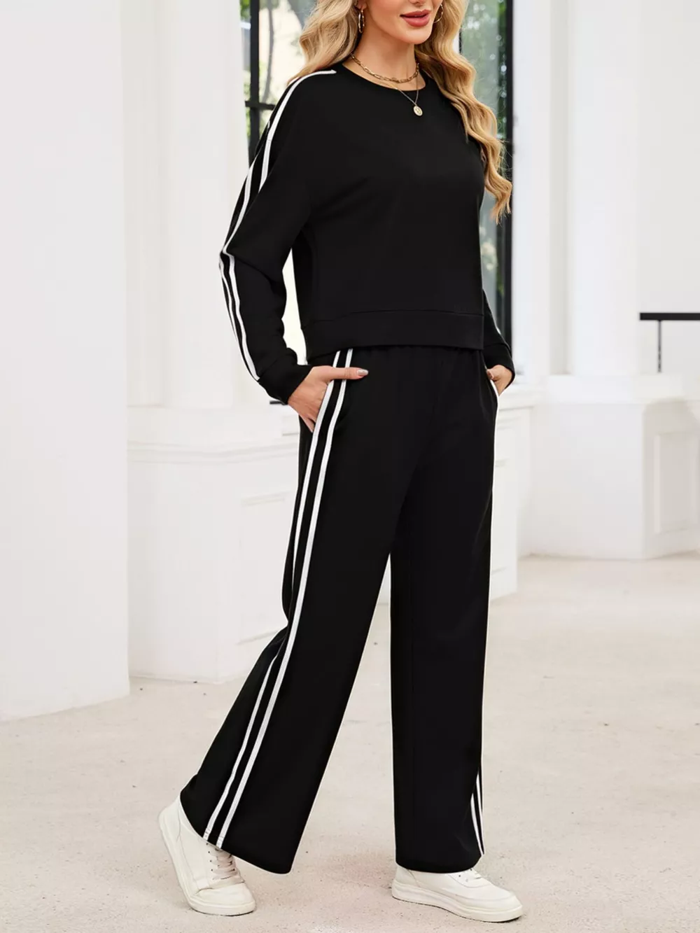 Striped Round Neck Sweatshirt and Pants Set, image 8