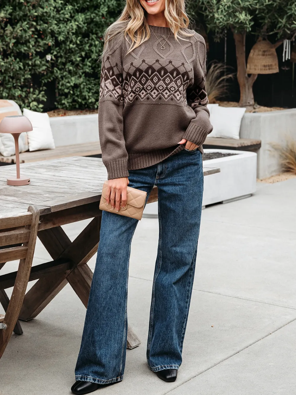 Geometric Round Neck Long Sleeve Sweater, image 11