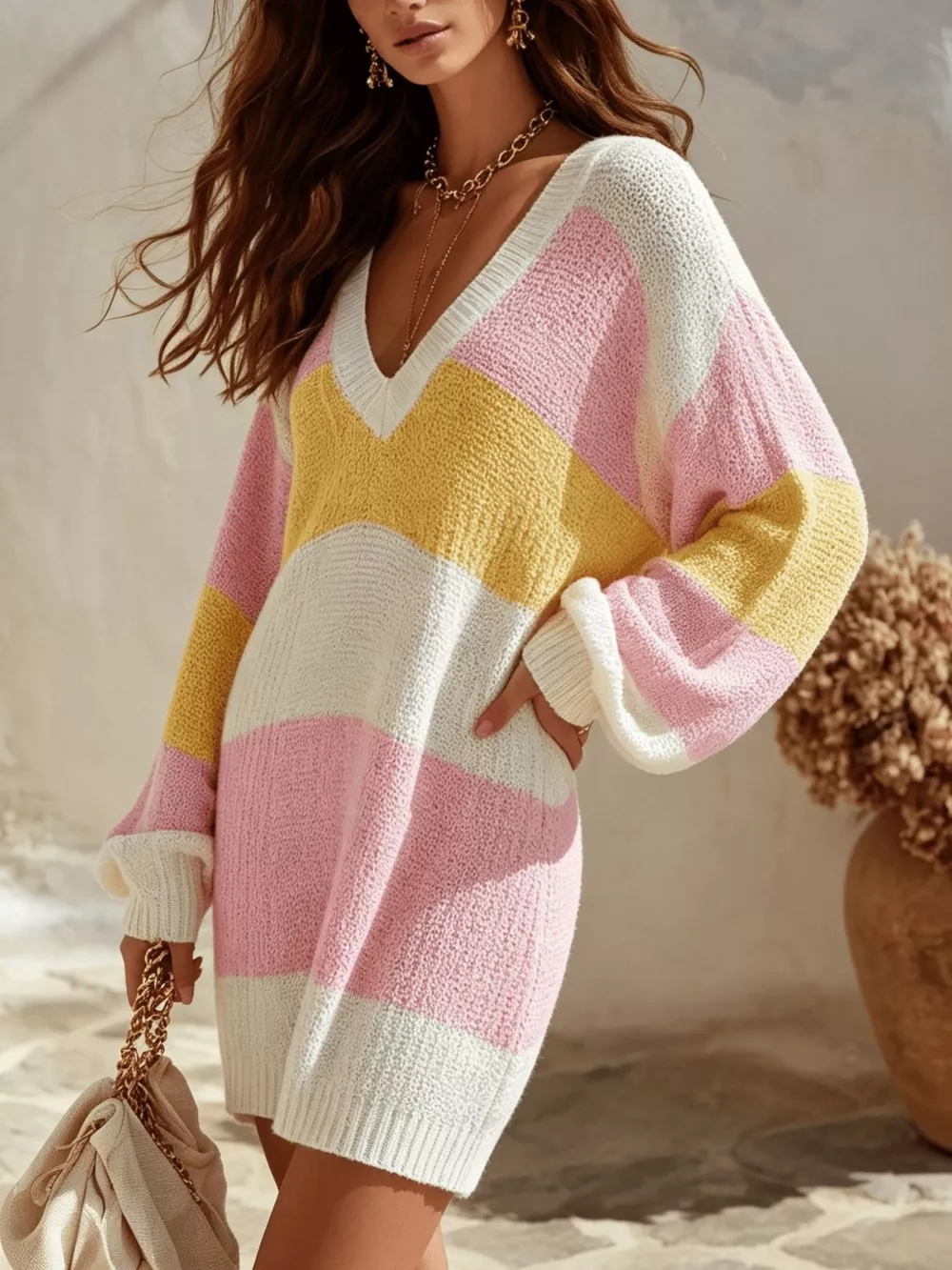 Color Block V-Neck Sweater Dress, image 2