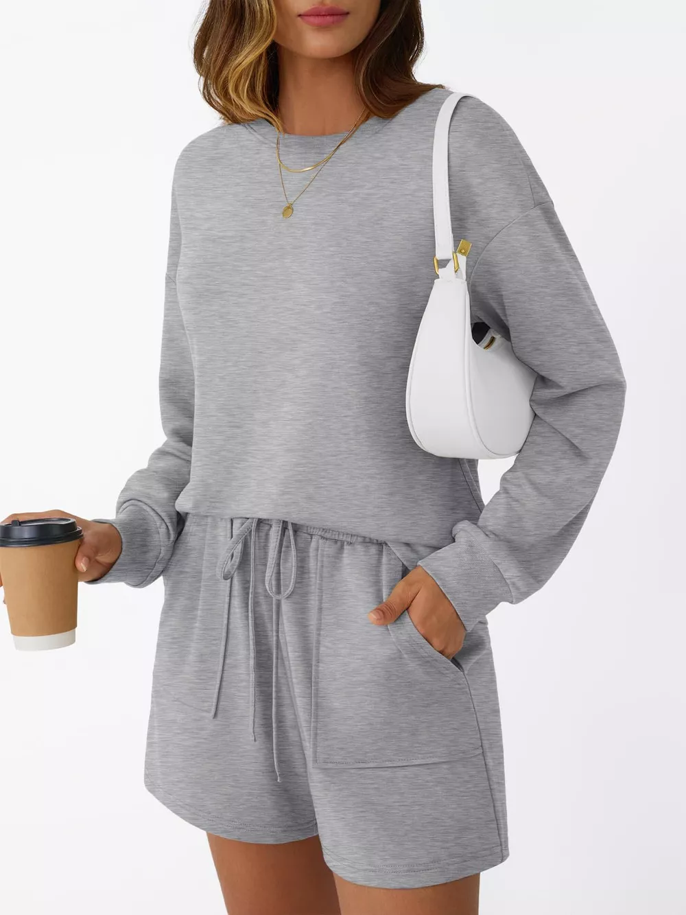 Round Neck Long Sleeve Top and Shorts Set, image 3