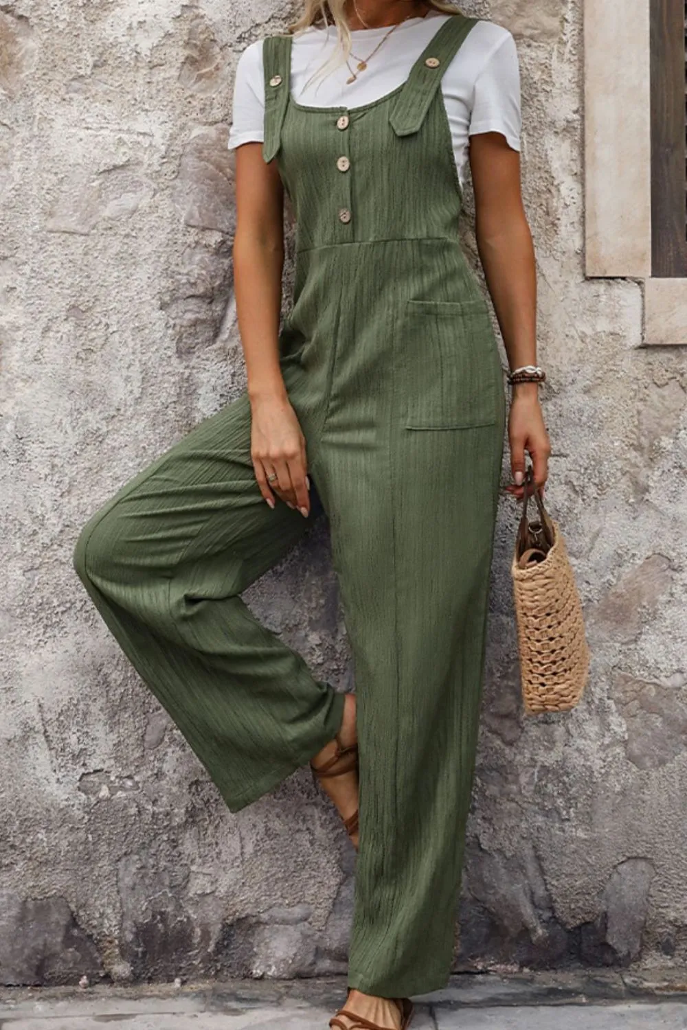 Textured Pocketed Wide Strap Overalls, image 5
