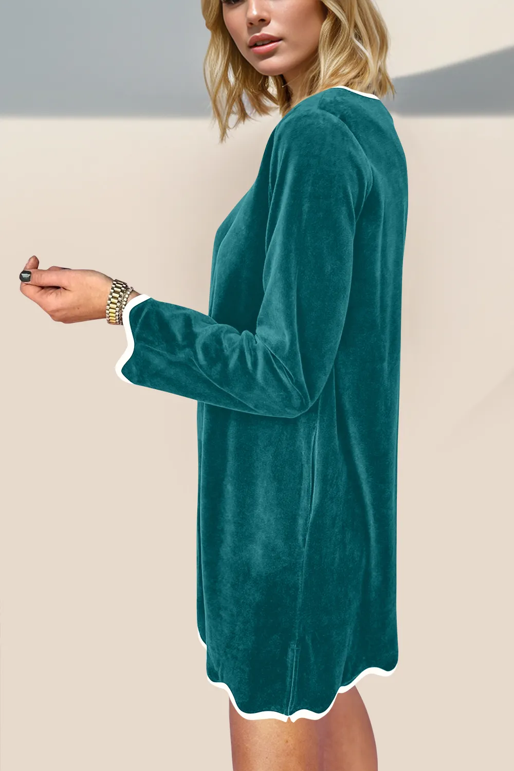 Wave Contrast Trim V-Neck Zip Up Long Sleeve Mini Dress, image 6