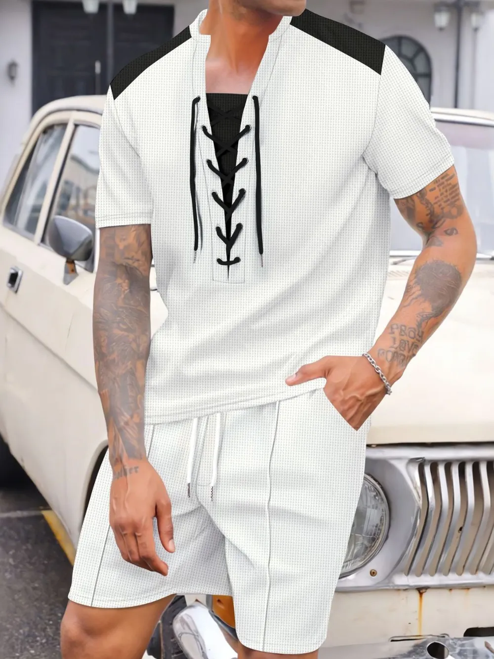 Men's Full Size Lace-Up Waffle Knit Top and Shorts Set Plus Size, image 5