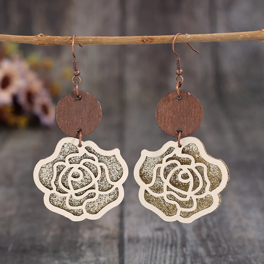 Wooden Alloy Rose Shape Dangle Earrings, image 3