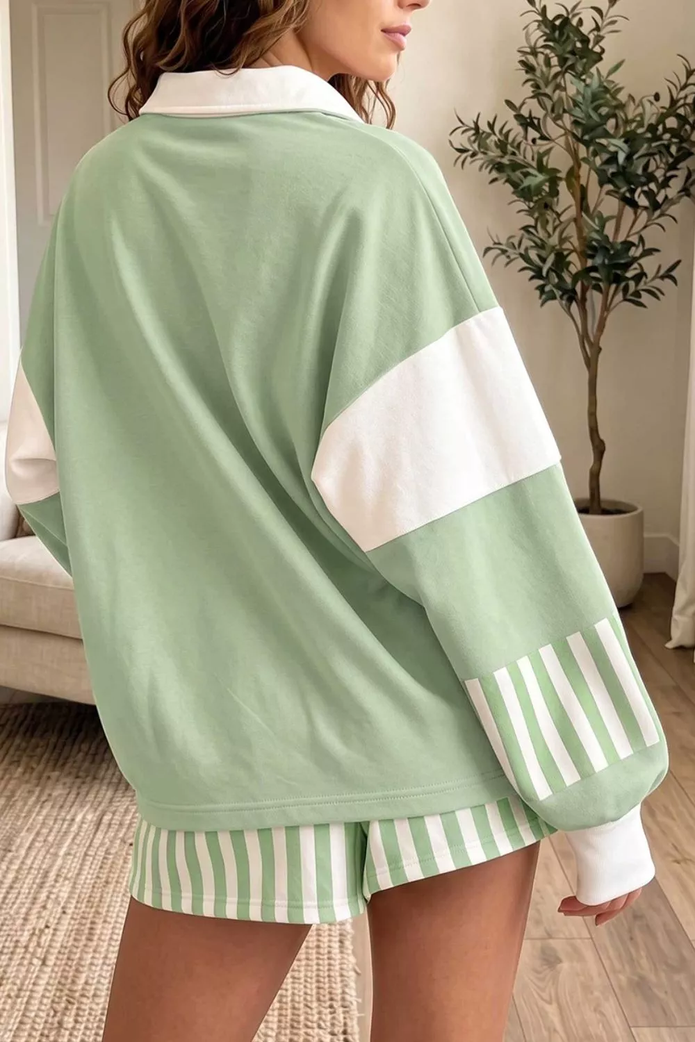 Striped Color Block Pullover Top Drawstring Shorts Set, image 2