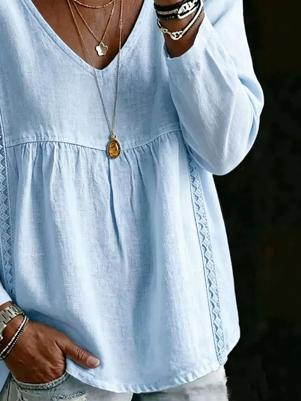 Full Size V-Neck Lace Trimmed Long Sleeve Blouse Plus Size, image 5