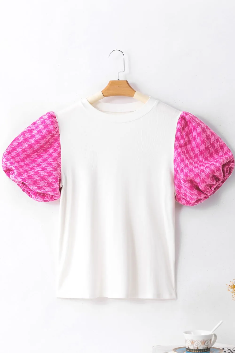 Round Neck Contrast Tweed Puff Sleeve Top, image 8