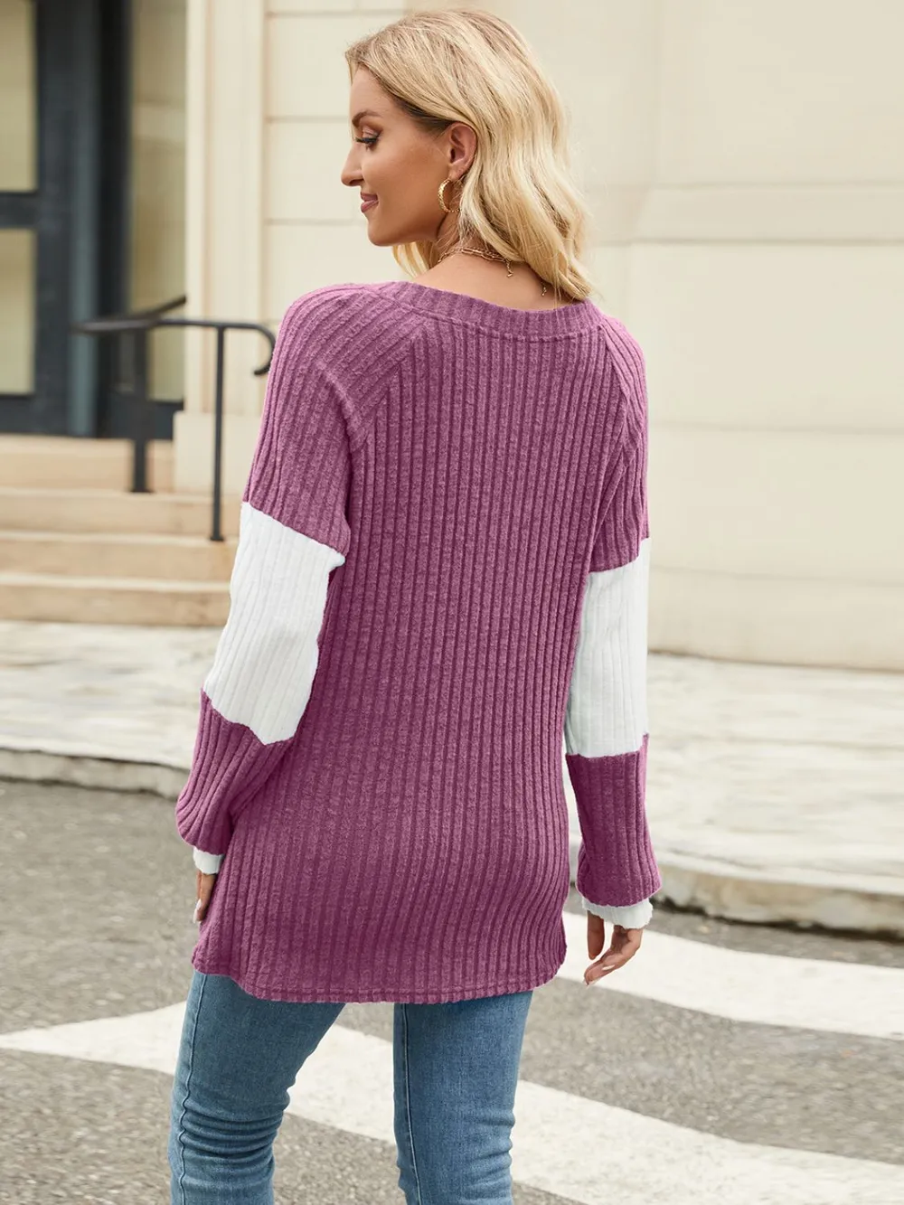 Color Block V-Neck Long Sleeve T-Shirt, image 29