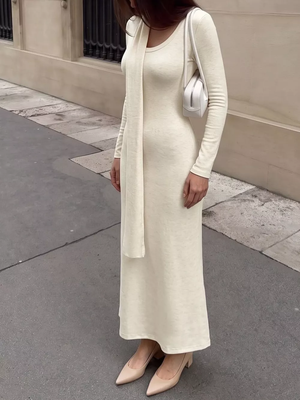 Round Neck Maxi Knit Dress with Matching Scarf, image 6