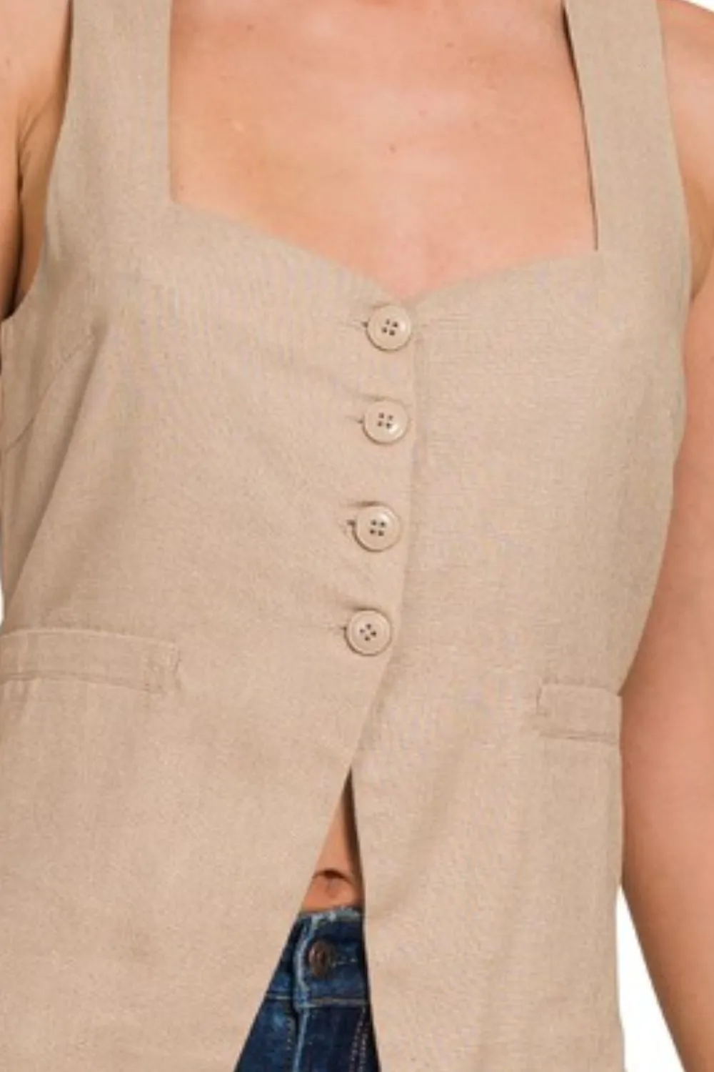 Linen Tie-back 4-button Vest with Lining, image 3