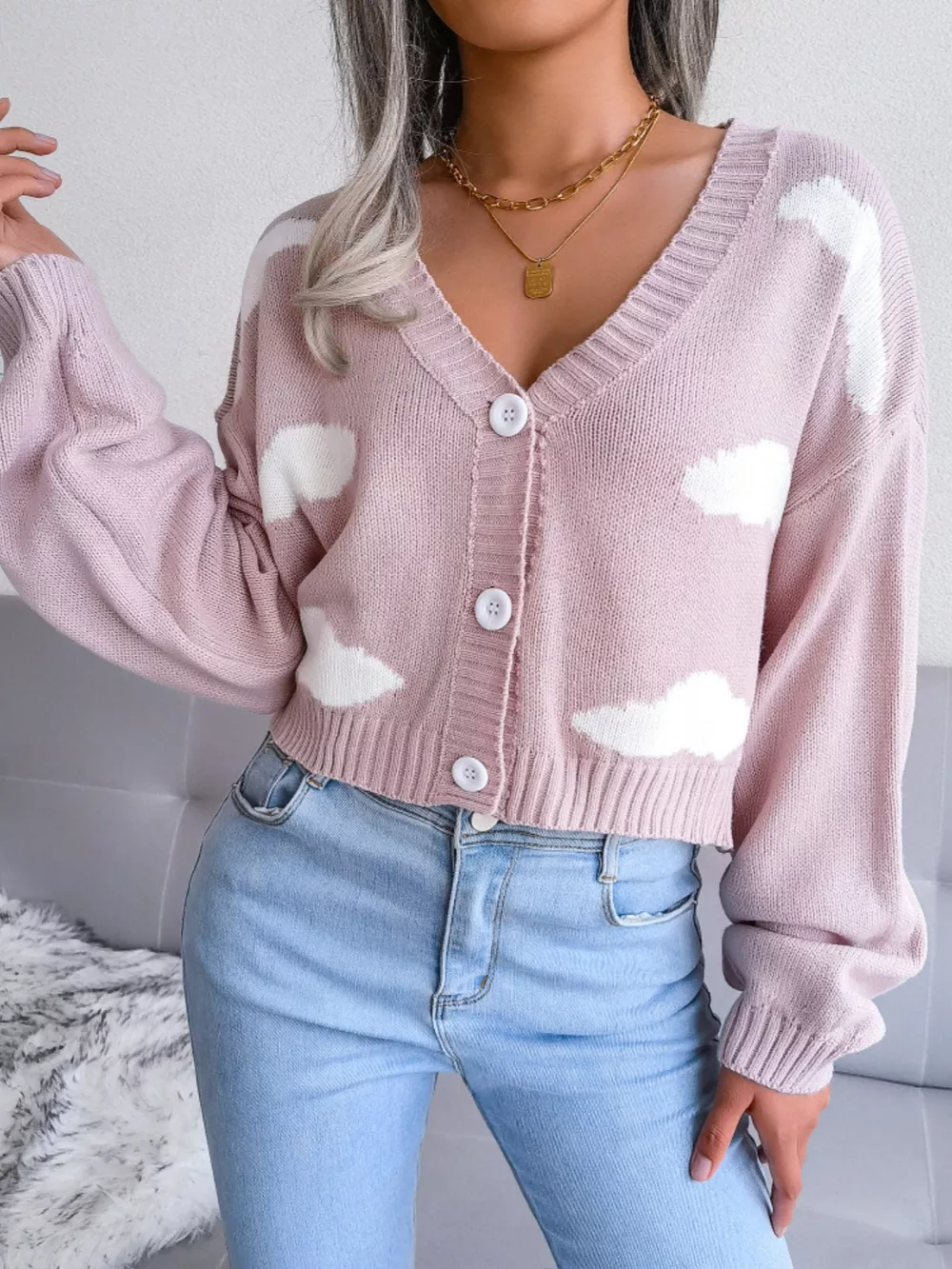 Cloud Pattern Button-Up Cropped Cardigan, image 11