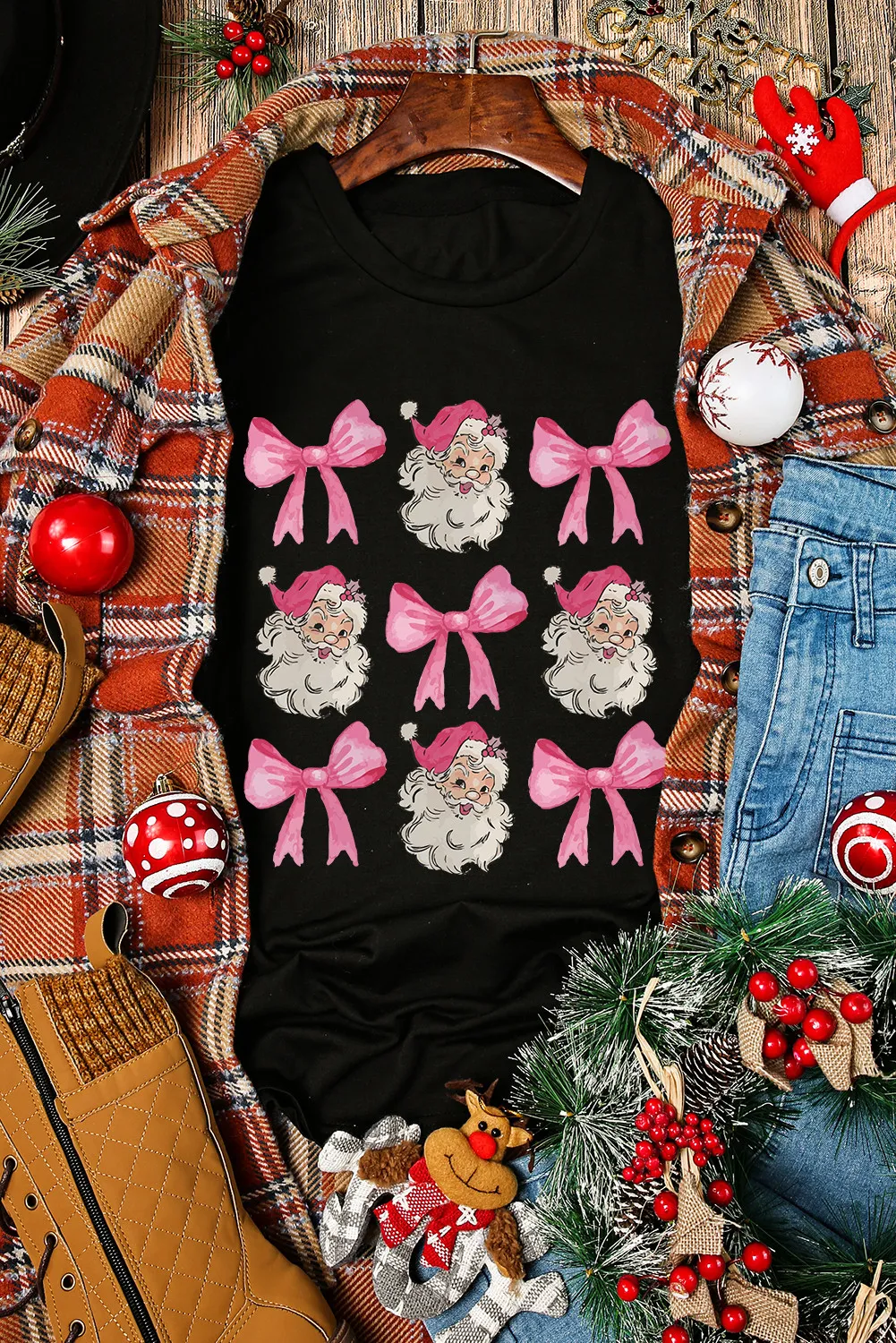 Santa & Bow Graphic Round Neck Short Sleeve T-Shirt, image 3