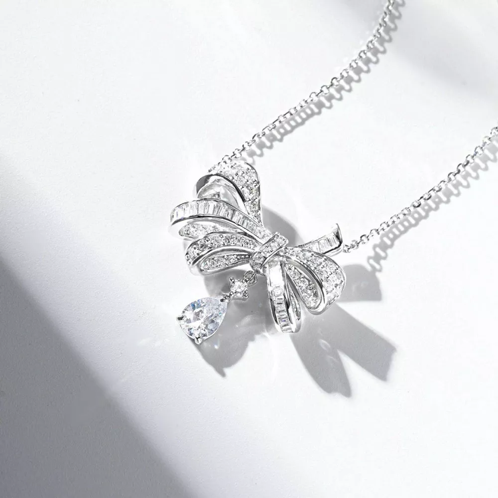 925 Sterling Silver Zircon Bow Teardrop Necklace
