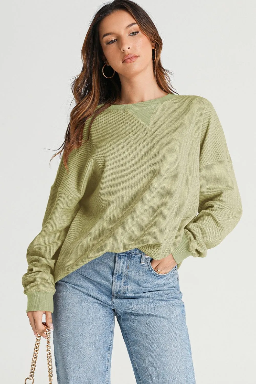 Waffle-Knit Long Sleeve Sweatshirt, image 9