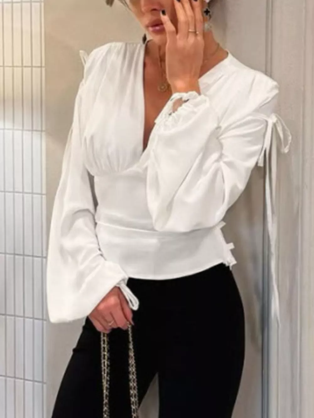 Tied V-Neck Balloon Sleeve Blouse, image 4