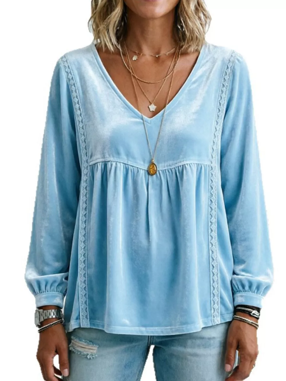 Full Size V-Neck Long Sleeve Velvet Blouse with Lace Trim Plus Size, image 31