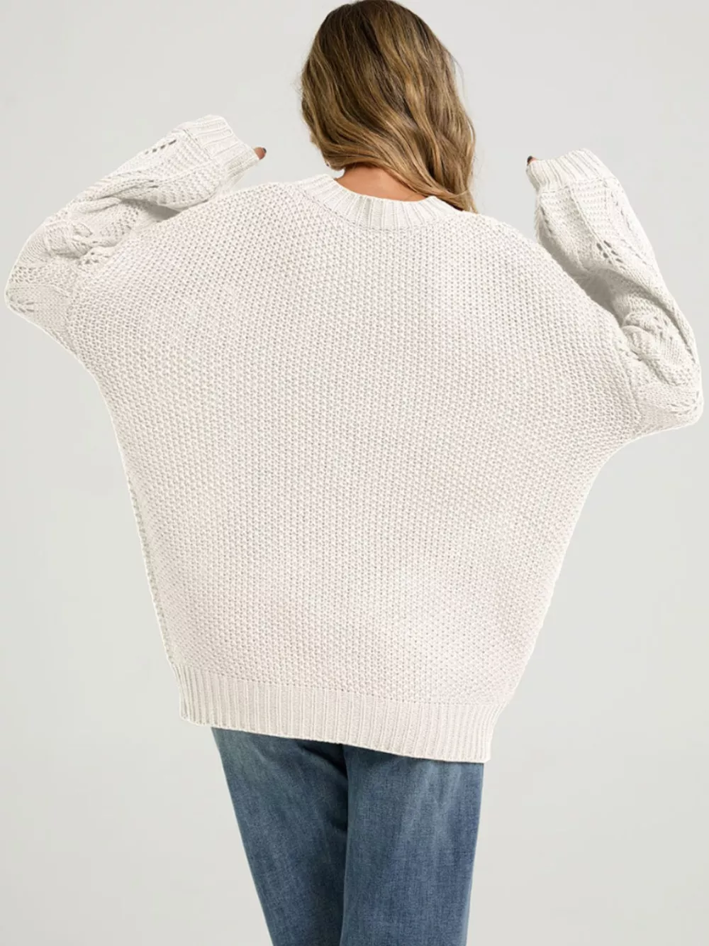 Textured Knit Openwork Dropped Shoulder Sweater, image 10