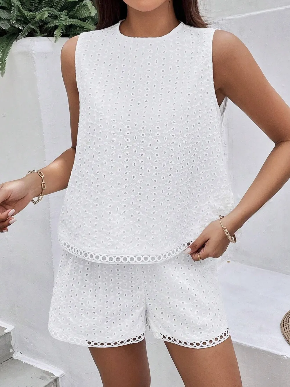 Eyelet Round Neck Top and Shorts Set