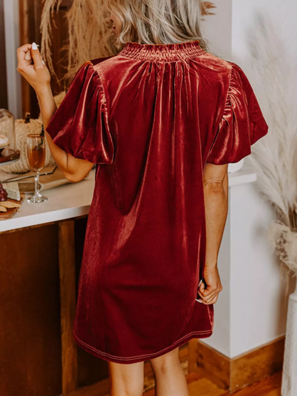 Tie Neck Puff Sleeve Velvet Dress, image 11