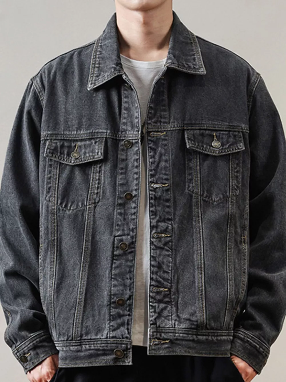 Men's Full Size Classic Washed Denim Jacket with Chest Pockets Plus Size