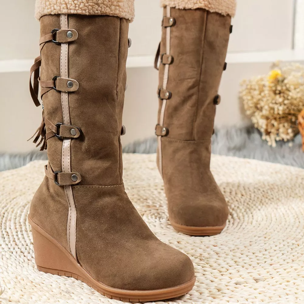 Faux Fur Lined Suede Wedge Boots with Lace-Up Detail, image 11