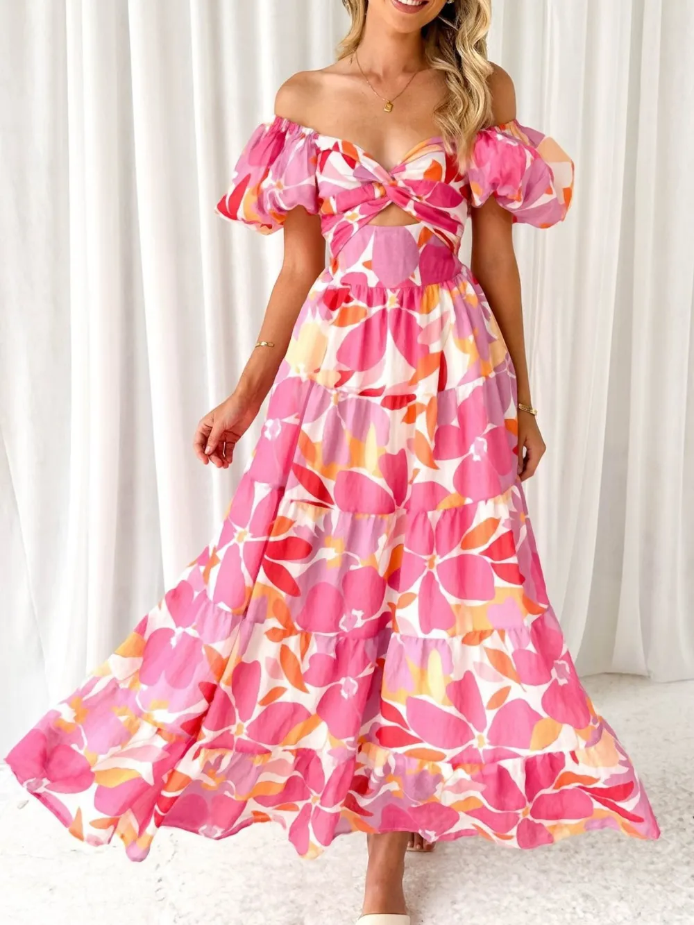 Off-Shoulder Floral Tiered Dress with Ruffle Details, image 24