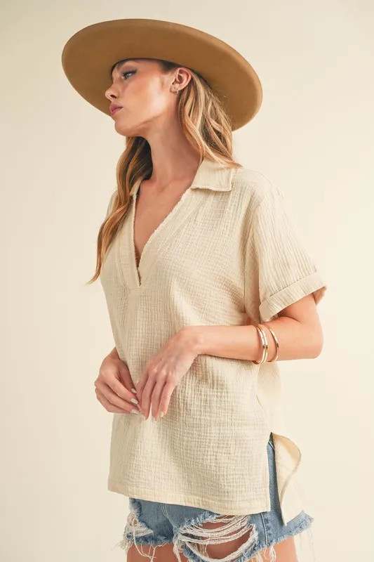 Side Slit Johnny Collar Short Sleeve Cotton Gauze Blouse, image 3