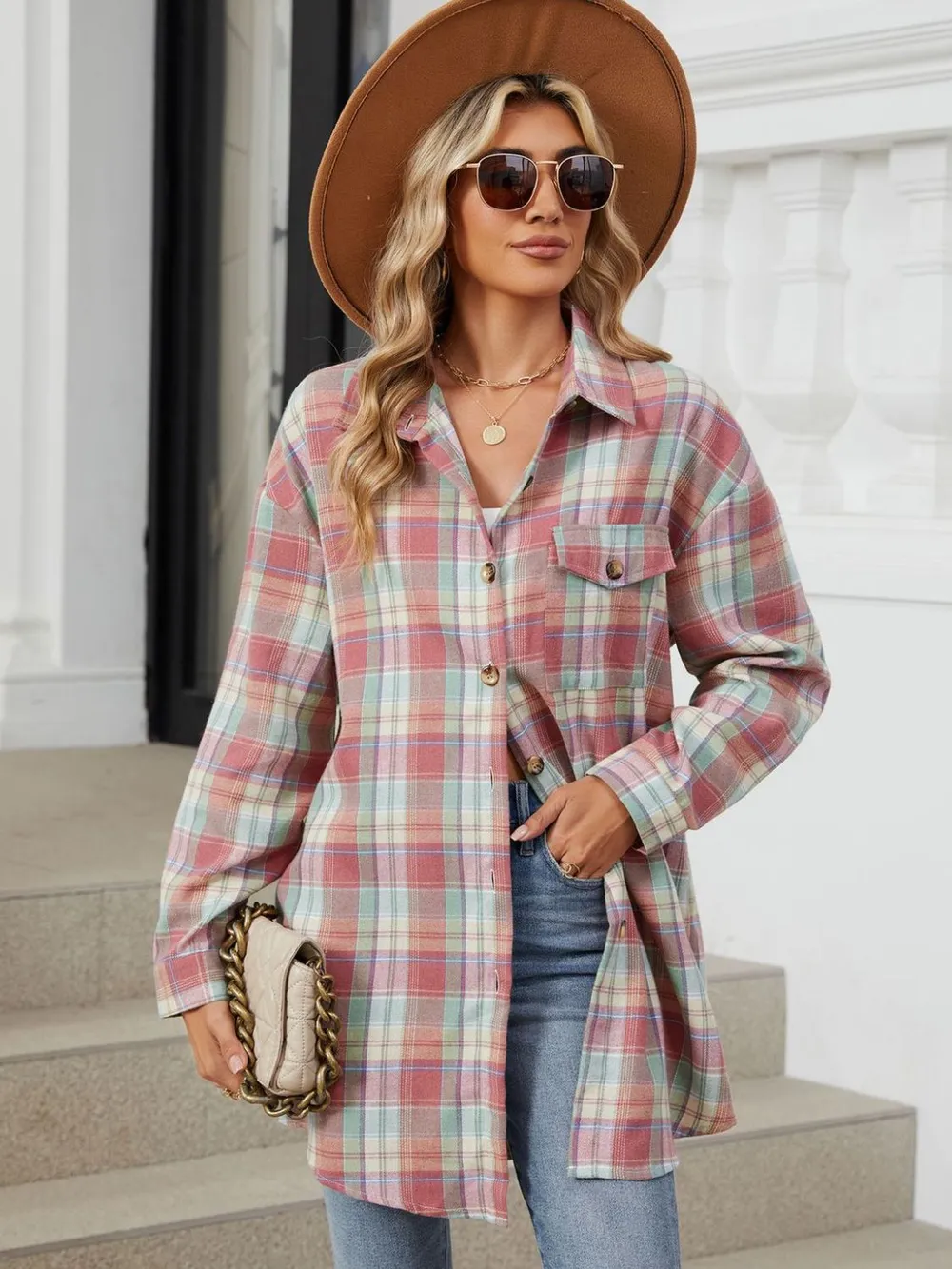 Plaid Collared Neck Long Sleeve Shirt, image 2