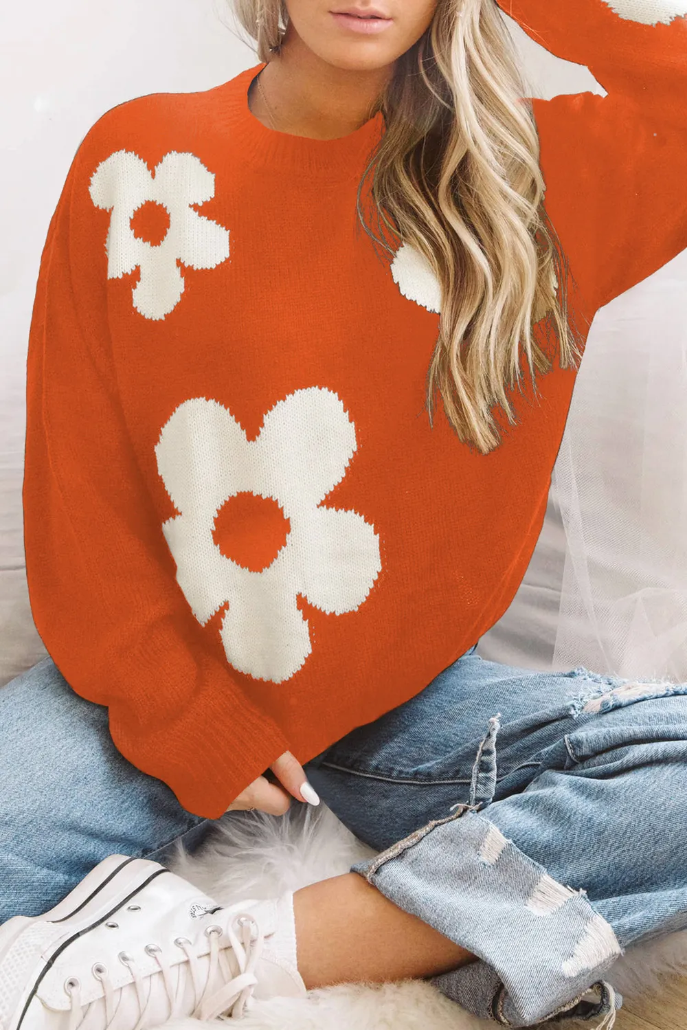 Round Neck Floral Pattern Color Contrast Design Long Sleeve Sweater, image 11