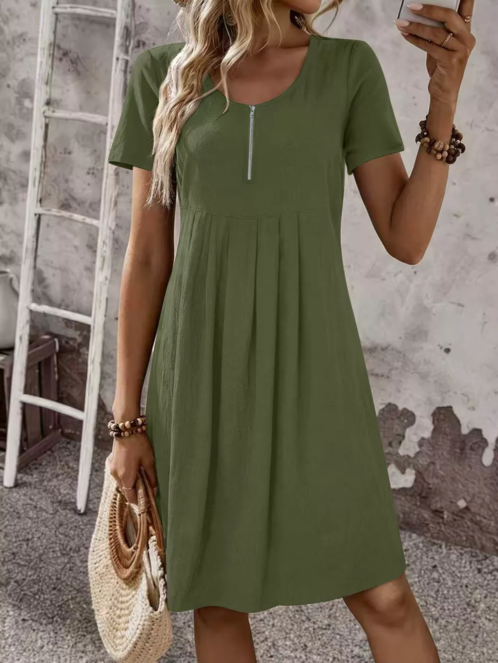Zipper-Front Short Sleeve A-Line Dress, image 10