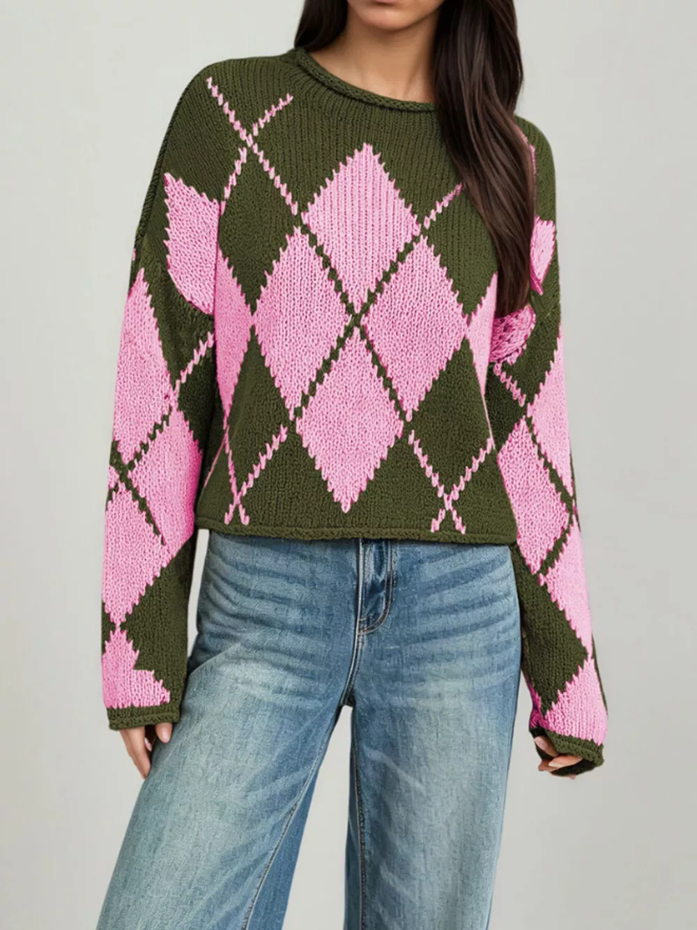 Argyle Pattern Knit Dropped Shoulder Sweater, image 4