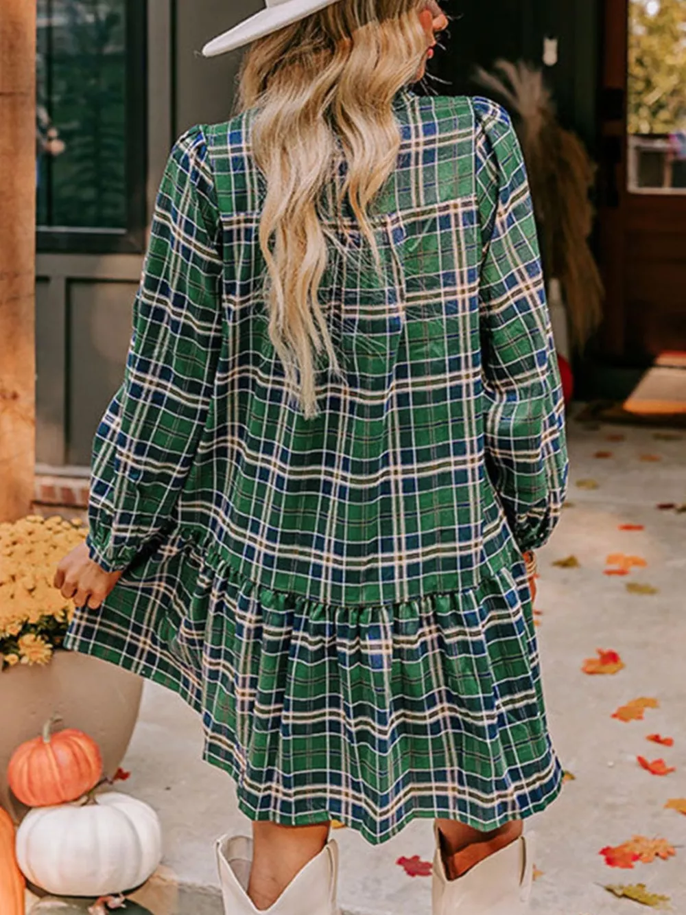 Plaid Frilly Collar Long Sleeve Shift Mini Dress, image 2