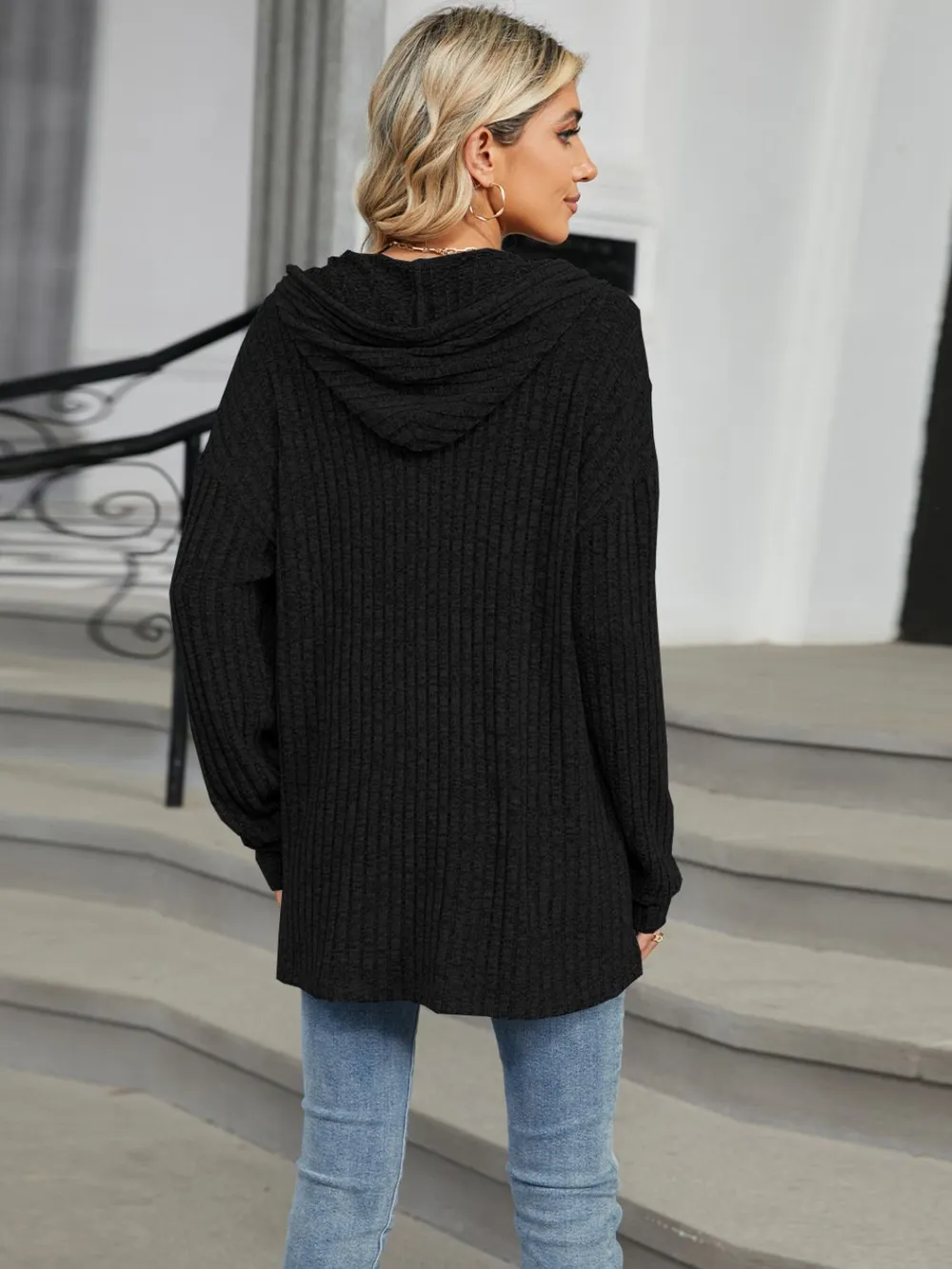 Half Button Long Sleeve Hooded Top, image 18