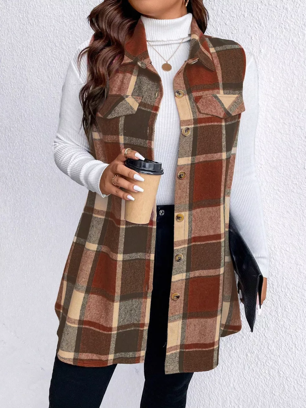 Plus Size Pocketed Plaid Button Up Vest Coat, image 18
