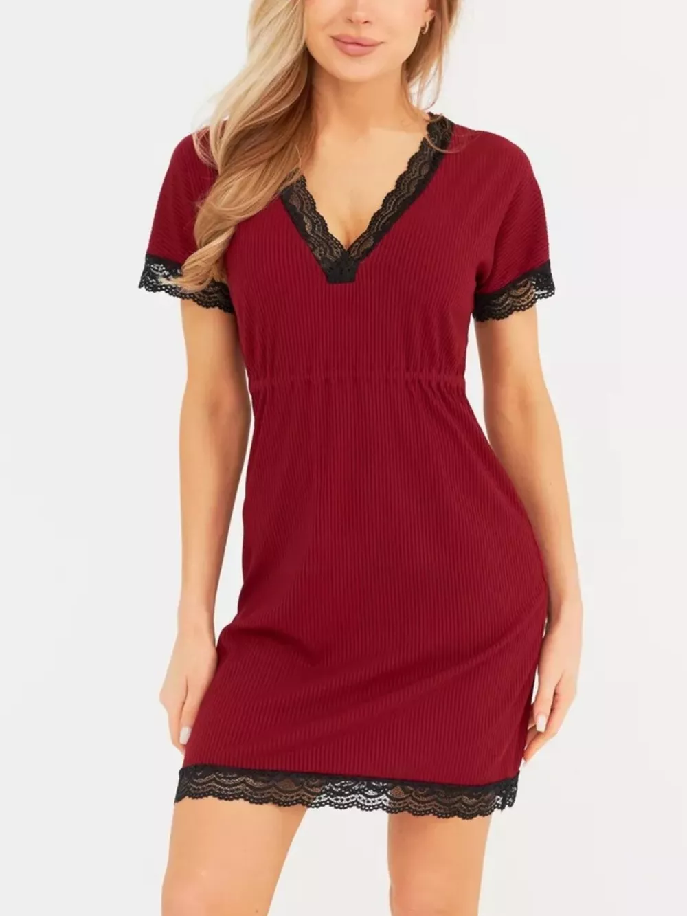 Full Size Ribbed Lace-Trim V-Neck Mini Dress Plus Size, image 5